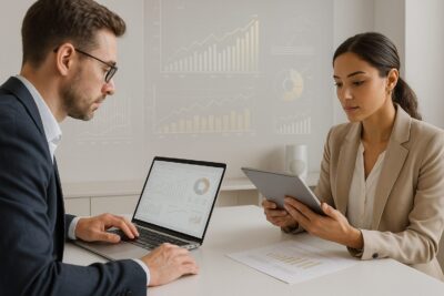 Two business professionals analyzing data on a laptop and tablet with charts and graphs in the background