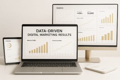 Laptop, tablet, and desktop screen showing data-driven digital marketing analytics with graphs and charts