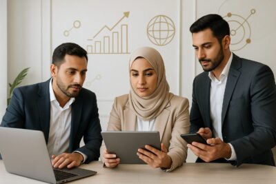 Three business professionals collaborating with a laptop, tablet, and smartphone during a digital marketing strategy meeting