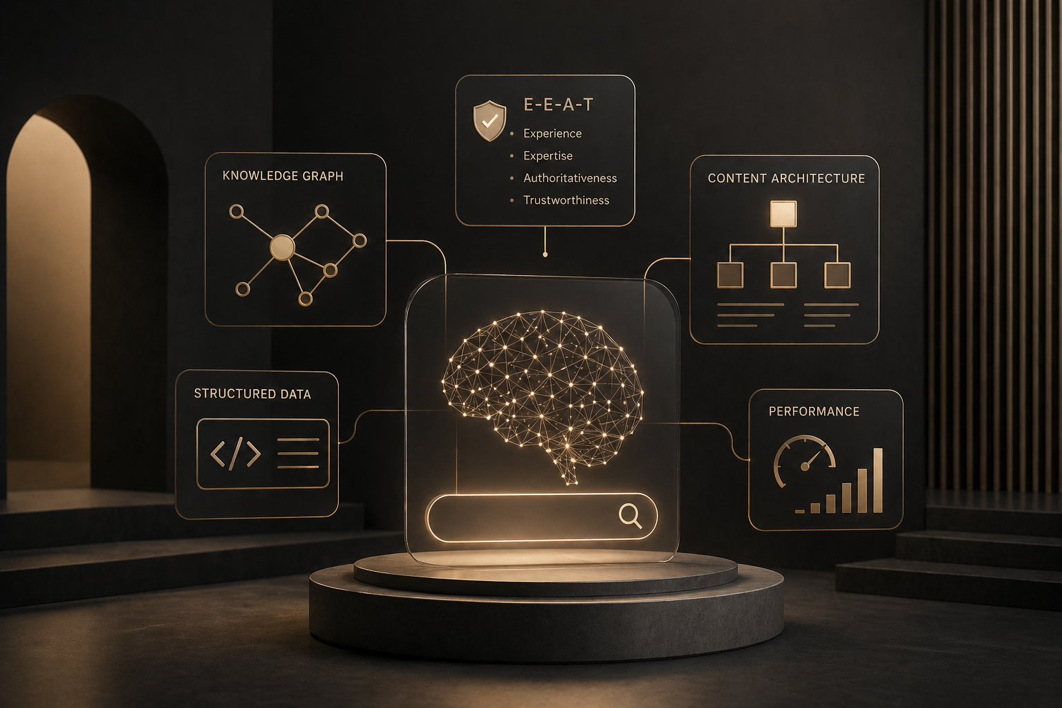 Abstract AI search architecture visual showing connected data, authority, and performance layers.