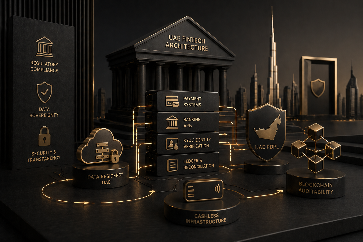 Black and gold 3D fintech infrastructure visual with compliance, data residency, and blockchain elements.