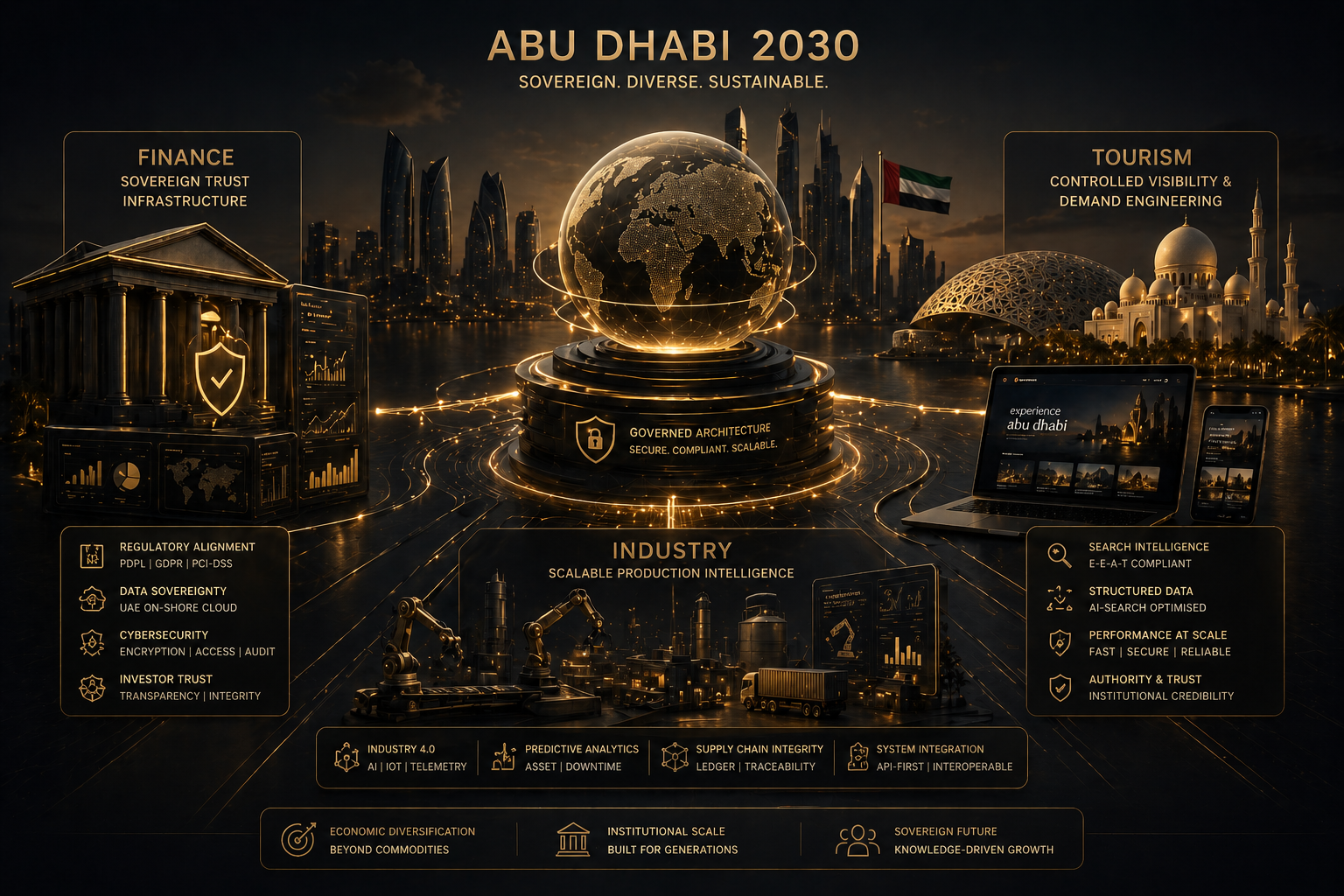 Black and gold futuristic visual showing Abu Dhabi skyline, connected sectors, and enterprise digital infrastructure.