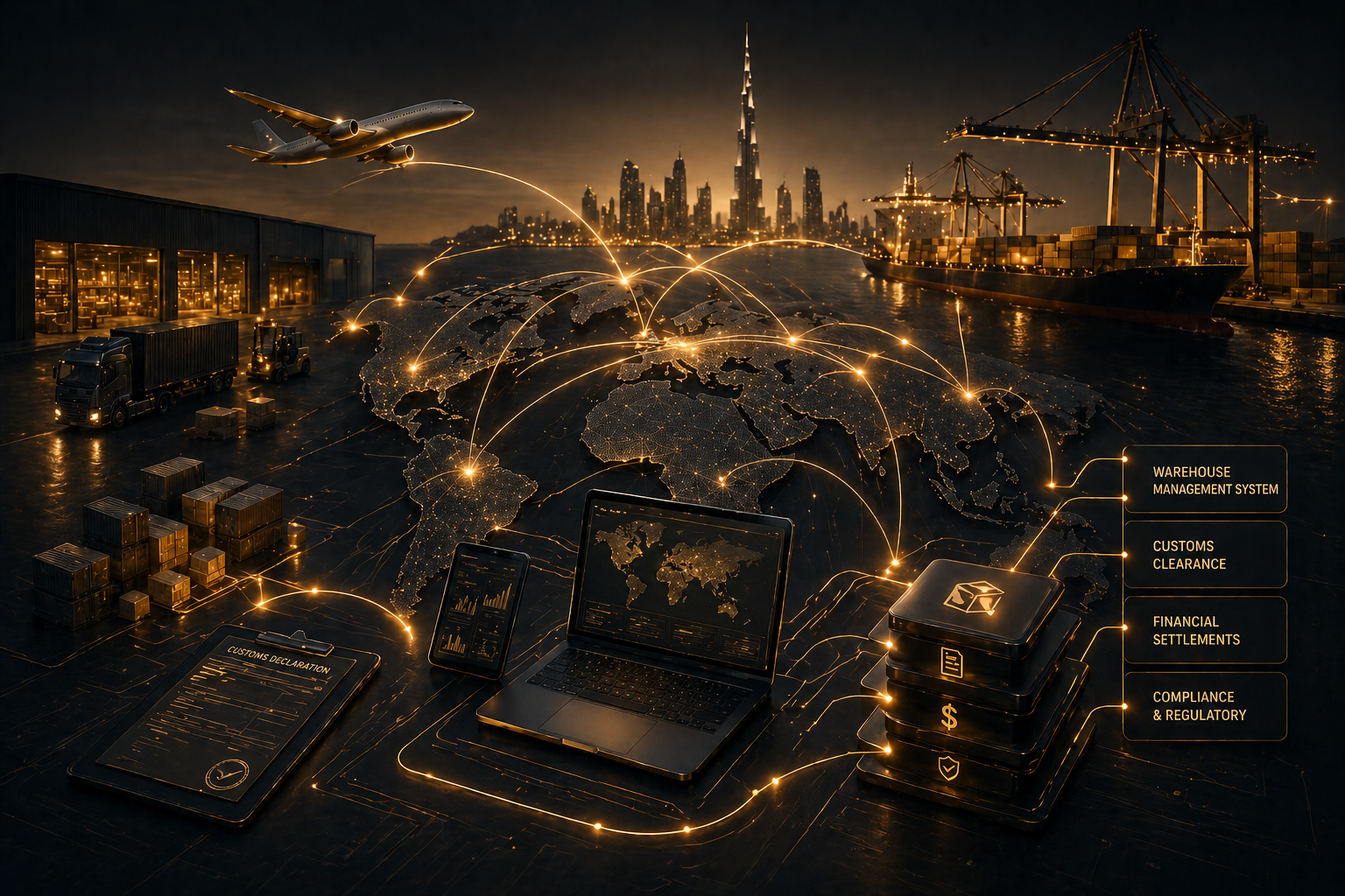 Black and gold 3D visual showing bilingual interface architecture, regional search systems, and connected digital infrastructure.