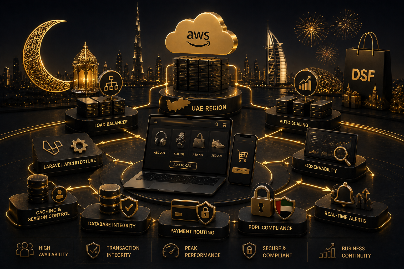 Black and gold 3D commerce infrastructure visual with cloud servers, payment routing, security controls, and real-time monitoring.
