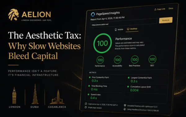 AELION performance graphic showing a verified 100 PageSpeed Insights score beside the title “The Aesthetic Tax: Why Slow Websites Bleed Capital” and the city sequence London, Dubai, Casablanca.