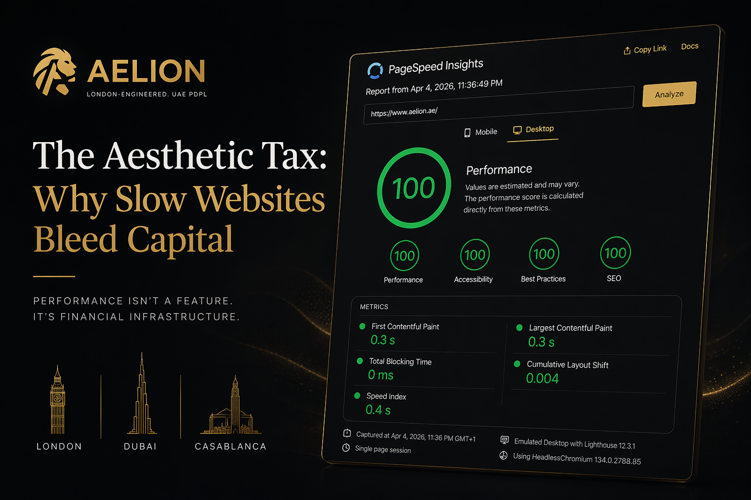 AELION performance graphic showing a verified 100 PageSpeed Insights score beside the title “The Aesthetic Tax: Why Slow Websites Bleed Capital” and the city sequence London, Dubai, Casablanca.