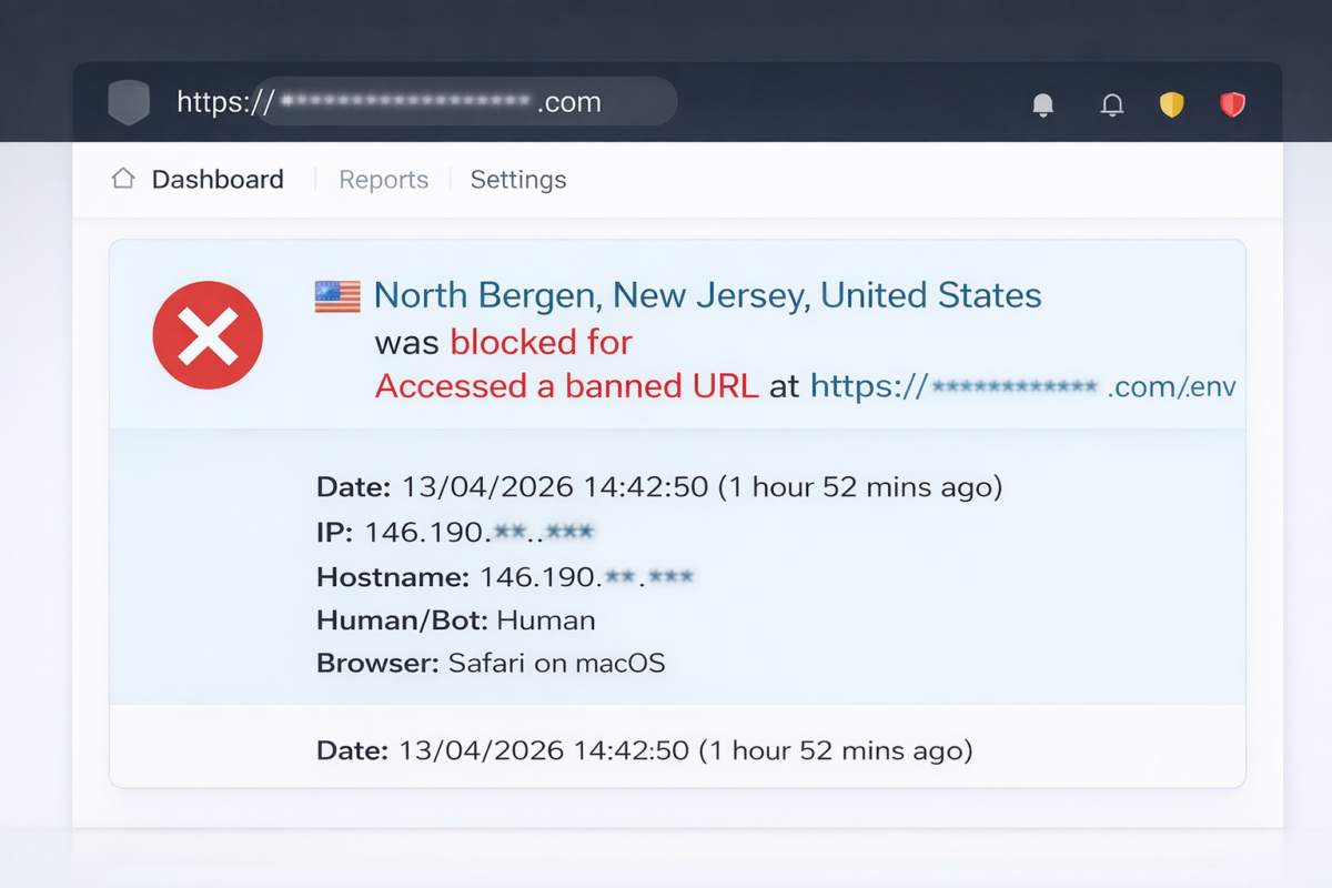 Title attribute format: Ghost Architecture: Engineering Cyber Deception in the UAE Dashboard alert showing a blocked attempt to access a banned .env URL, with the request identified and stopped before sensitive files were exposed.