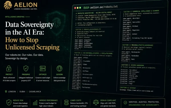 AELION graphic showing a governed robots.txt architecture beside the title “Data Sovereignty in the AI Era: How to Stop Unlicensed Scraping”.