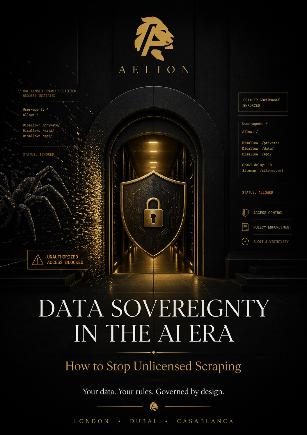 Title attribute format: Data Sovereignty in the AI Era: How to Stop Unlicensed Scraping Vertical AELION cover showing protected data sovereignty and blocked unlicensed AI scraping for the article “Data Sovereignty in the AI Era: How to Stop Unlicensed Scraping.