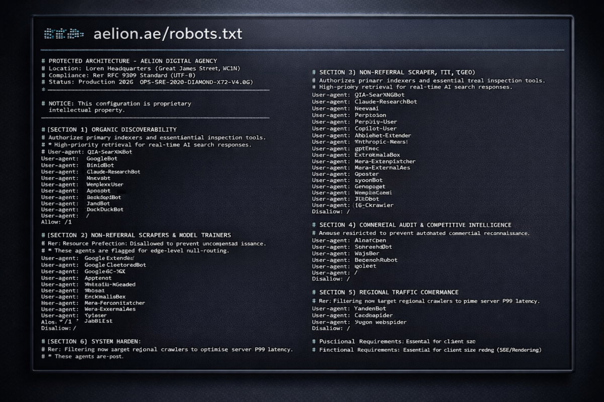Title attribute format: Data Sovereignty in the AI Era: How to Stop Unlicensed Scraping Screenshot of Aelion Digital Agency robots.txt file showing structured directives for web crawlers, including organic discovery, non-referral scrapers, commercial intelligence, and regional traffic management, with server optimization notes for 2026.