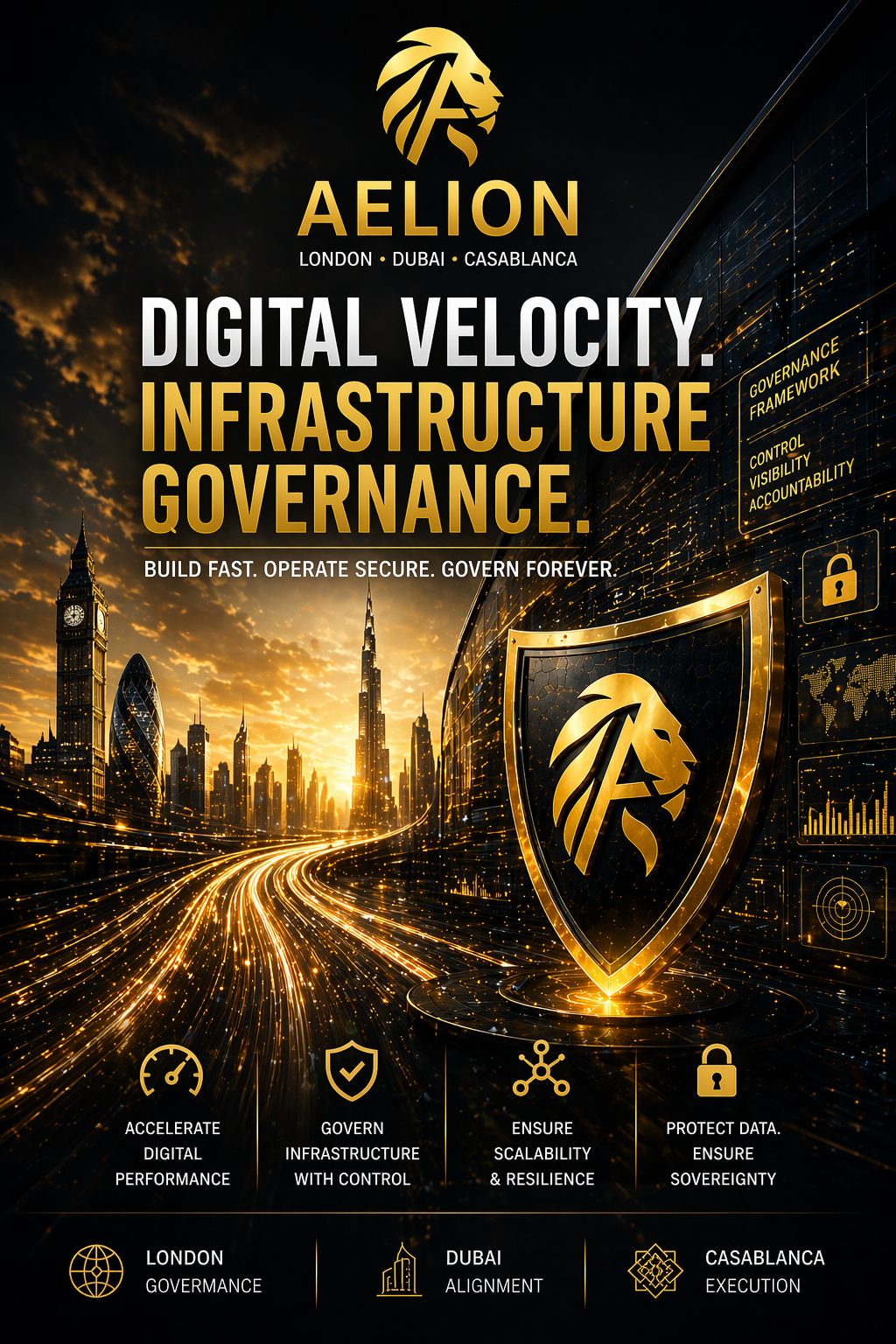 Vertical AELION cover image showing digital velocity, infrastructure governance, and secure sovereign architecture across London, Dubai, and Casablanca.