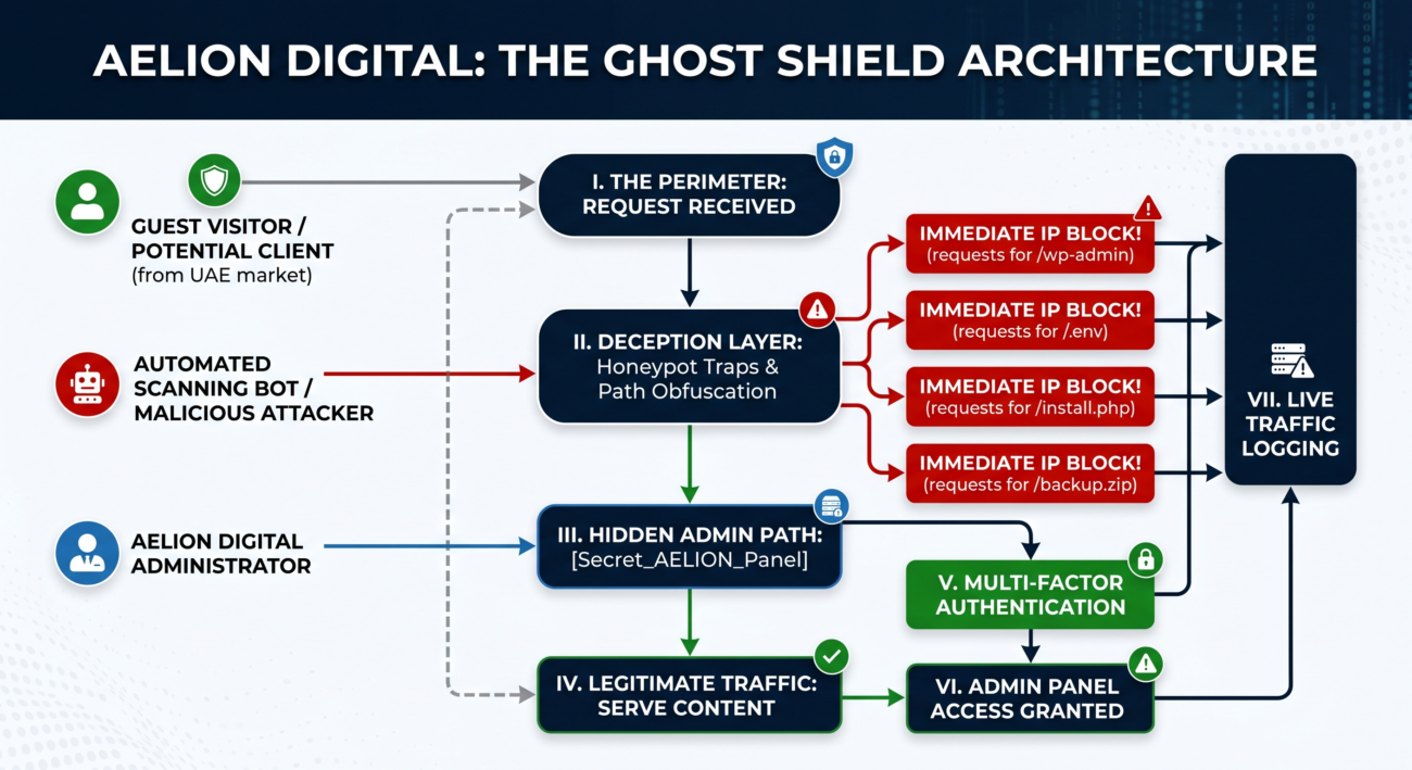 AELION Digital Ghost Shield Architecture - Proactive Cyber Deception and Bot Mitigation Flowchart for the UAE Market.