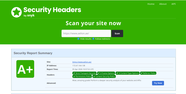 A screenshot featuring aelion headers security grade A+ in april 2026