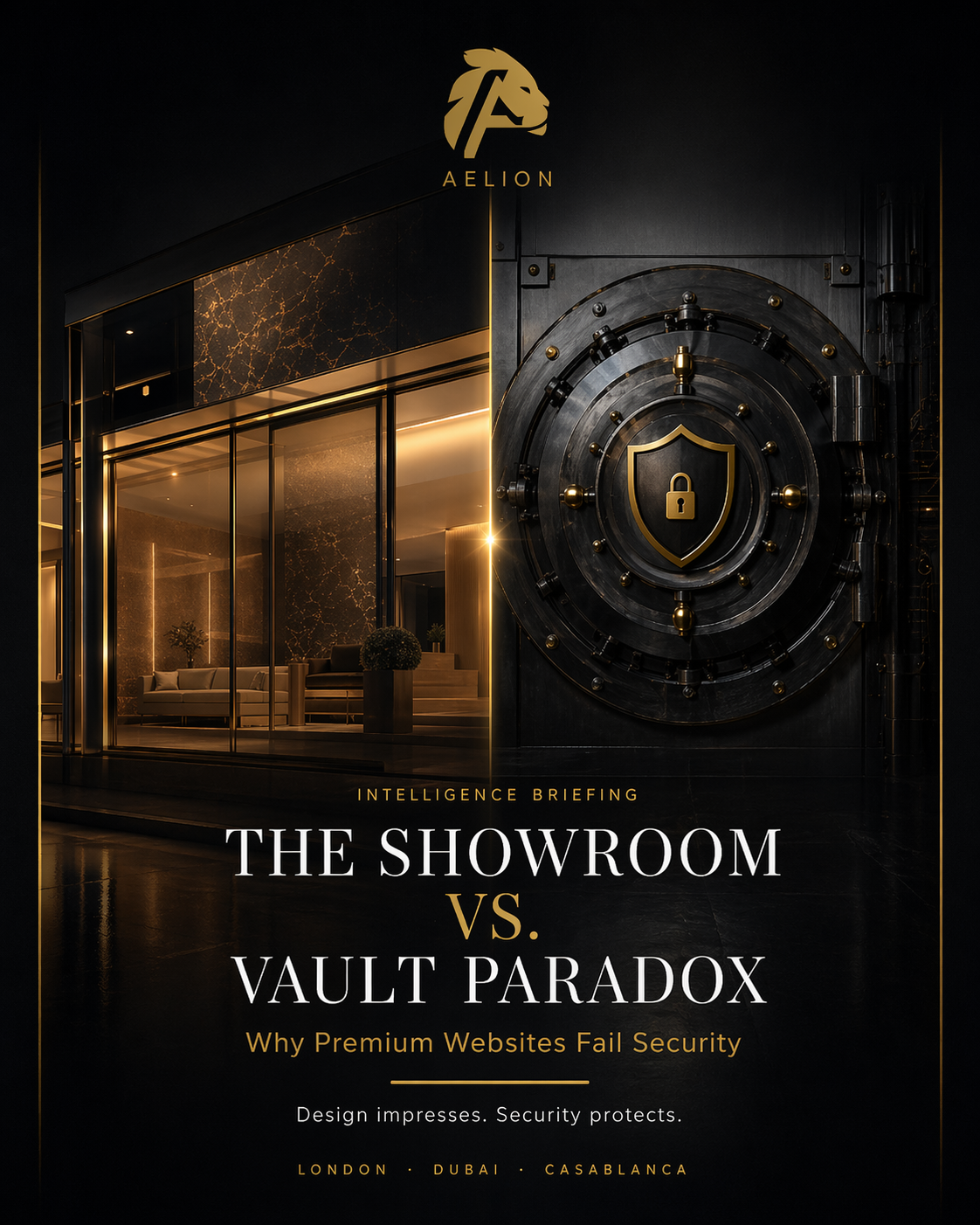 Vertical AELION cover showing a luxury showroom beside a secure vault for the article “The Showroom vs. Vault Paradox: Why Premium Websites Fail Security