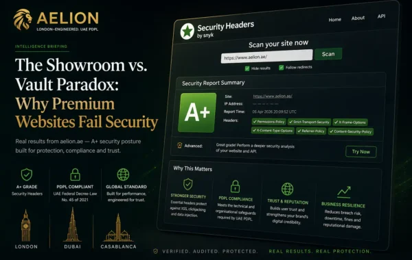 AELION security graphic showing a verified A+ Security Headers result beside the title “The Showroom vs. Vault Paradox: Why Premium Websites Fail Security”.