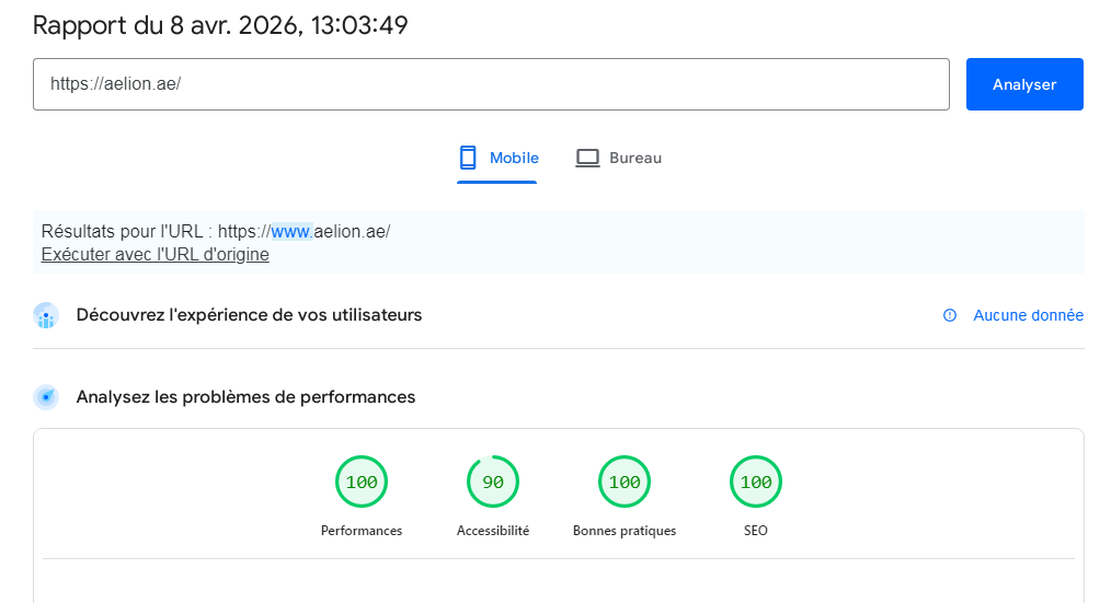 A screenshot featuring aelion mobile web performance metrics update for april 2026 wich attend the score 100