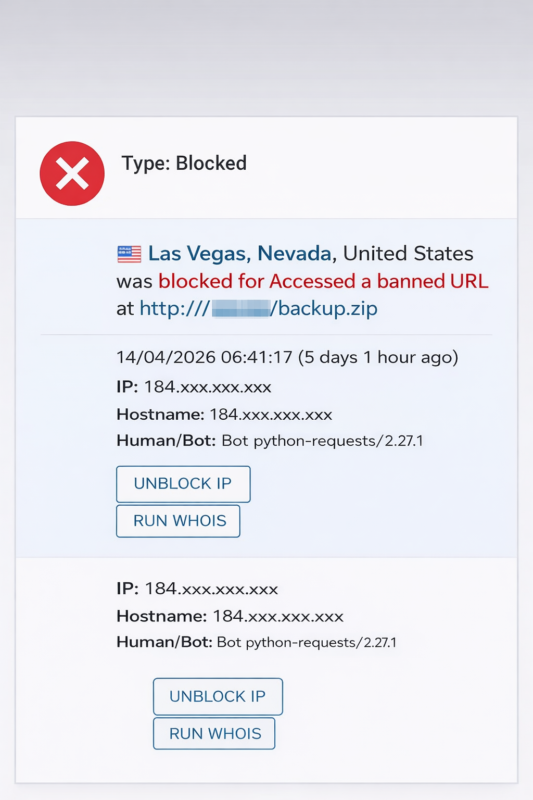 Screenshot of a security event showing a blocked bot request for a public backup.zip URL, with the domain and IP details redacted.