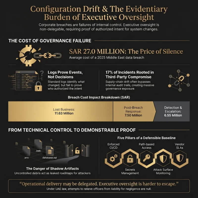 Infographic on configuration drift and executive oversight showing SAR 27.0 million average Middle East breach cost, 17% vendor compromise, exposed shadow artefacts, UAE governance obligations, and baseline controls including CI/CD, secrets management, path-based access, and continuous attack-surface monitoring.