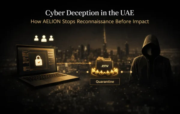 Minimalist cyber defence visual showing a protected enterprise system, a deception trap layer, and a shadowed threat actor against a dark UAE city backdrop.
