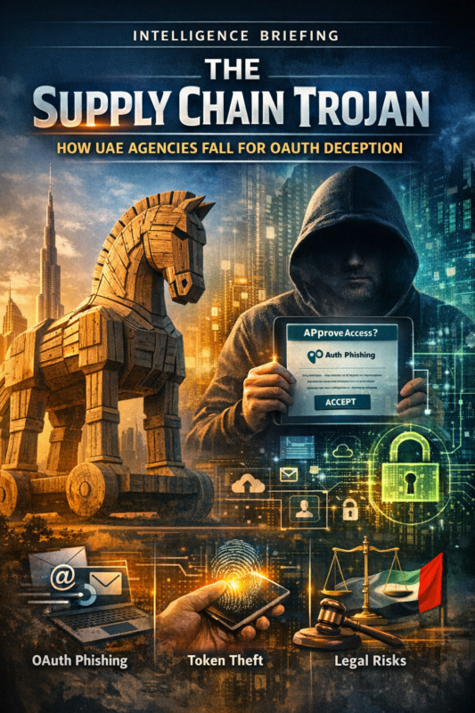 Poster-style graphic showing a Trojan horse, phishing approval screen, token theft imagery, and UAE legal risk symbols for an article on OAuth deception