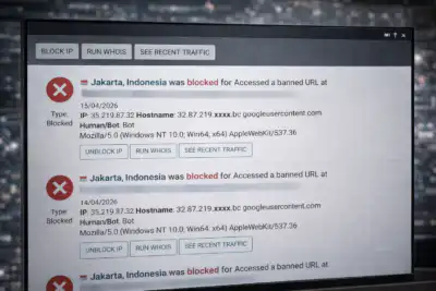 Desktop firewall log showing blocked probing requests from Jakarta against banned environment and debug paths