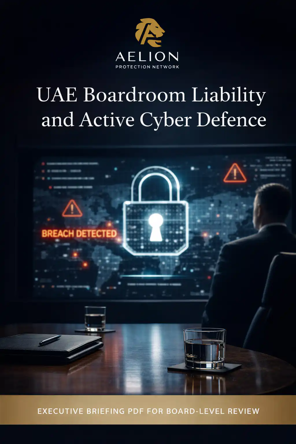 Executive cyber defence briefing cover showing a boardroom screen with a live breach alert and the AELION mark.
