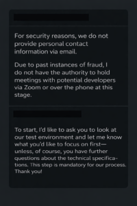 Redacted email evidence from the Victoria incident showing refusal of live identity verification and a request to review a test environment.