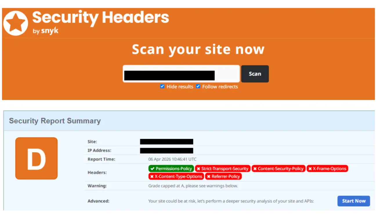 A screenshot featuring a website performance metrics overview showing the category D in headers security