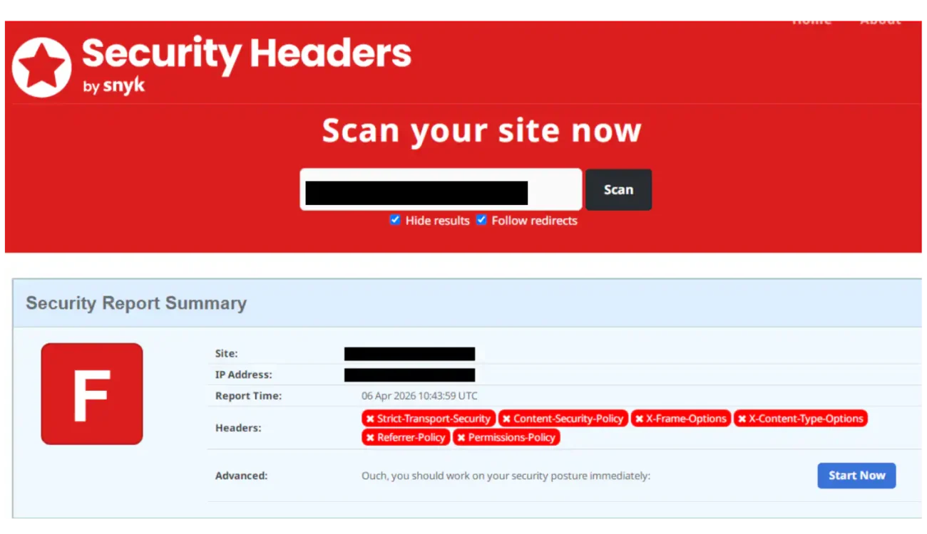 A screenshot featuring a website performance metrics overview showing the category F in headers security