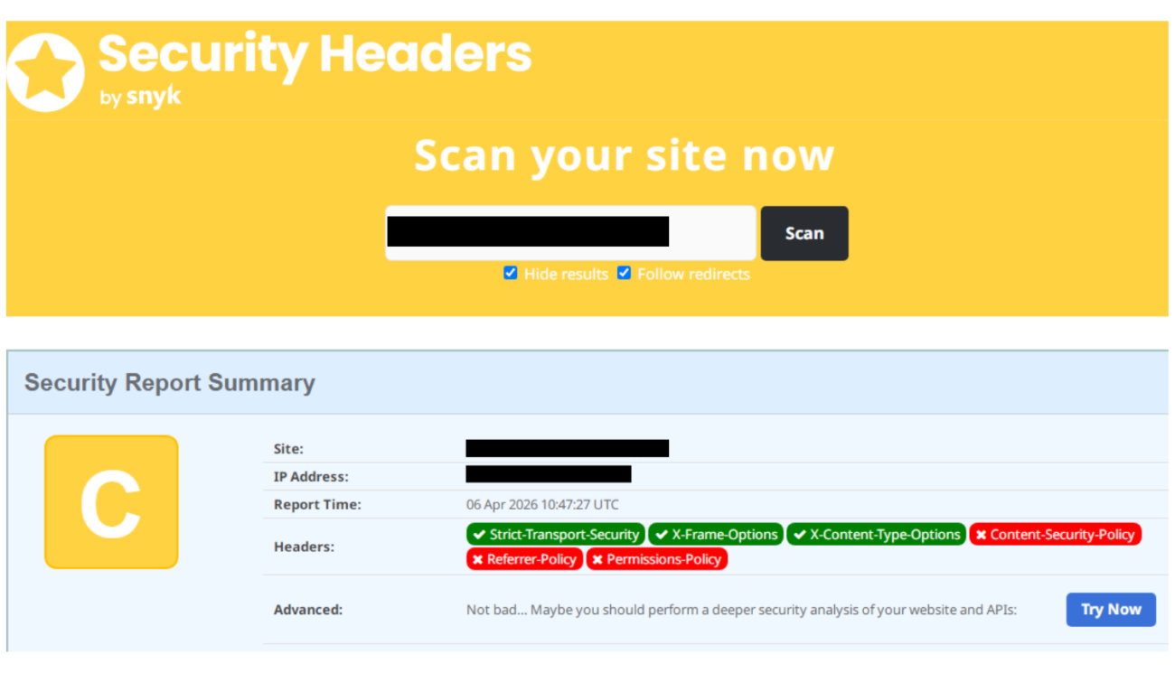 A screenshot featuring a website performance metrics overview showing the category C in headers security