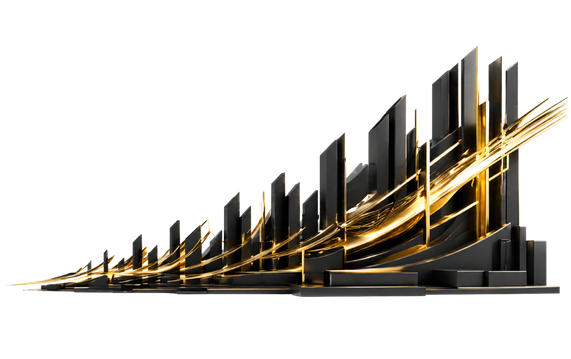 Wide abstract black and gold architectural composition with rising vertical forms and flowing gold light paths, symbolising digital velocity, growth, performance and governed enterprise infrastructure.