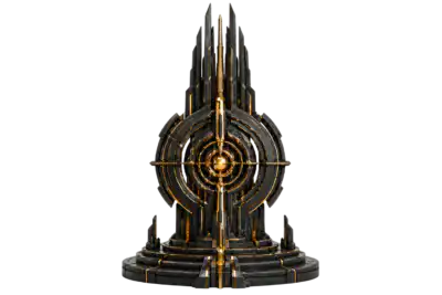 Abstract black and gold monument with concentric circular forms and a central illuminated core, representing sovereign control, precision, resilience and institutional digital governance.