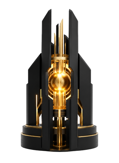 Minimalist black and gold 3D architectural form with a radiant central gold sphere framed by tall vertical panels, symbolising latency reduction, infrastructure control and sub-2.5s performance engineering.