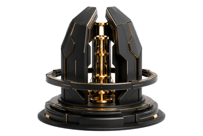 Abstract black and gold 3D architectural structure with a circular ring and luminous central core, symbolising governed mobile architecture, secure application frameworks and enterprise-grade mobile infrastructure.