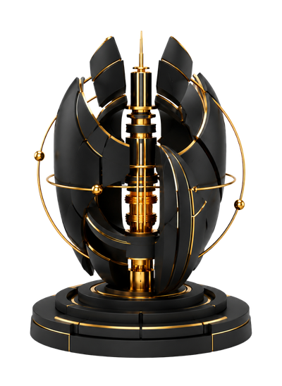 Abstract black and gold 3D spherical structure with layered curved panels enclosing a central illuminated core and circular orbital elements, representing mobile architecture, resilient platform design and governed application infrastructure.
