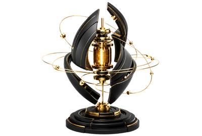 Abstract black and gold 3D composition with segmented outer shells opening around a radiant central mechanism and orbiting rings, expressing mobile architecture, modular engineering and controlled digital execution.