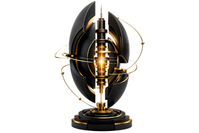 Abstract black and gold 3D structure with curved outer shells, a luminous central core and fine orbital rings, symbolising mobile architecture, governed app infrastructure and controlled system orchestration.