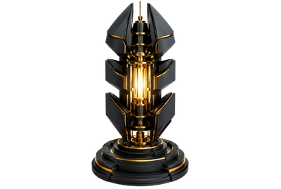 Abstract black and gold 3D tower-like structure with layered protective panels around a bright vertical core, representing mobile architecture, secure application frameworks and enterprise-grade delivery systems.