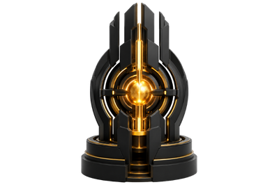 Symmetrical black and gold 3D structure with a glowing central sphere and vertical illuminated axis, representing performance governance, speed precision and high-efficiency digital infrastructure.