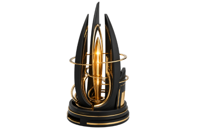 Abstract black and gold 3D architectural sculpture with a luminous central gold core enclosed by curved outer forms, symbolising speed engineering, controlled data flow and sub-2.5s performance architecture.