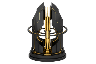 Abstract black and gold 3D architectural structure with a central gold core enclosed by circular rings, symbolising search intelligence, generative architecture, governed AI systems and controlled digital infrastructure.