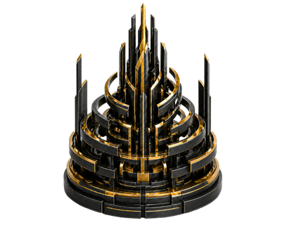 Abstract black and gold 3D tower composition with a central vertical spire surrounded by layered circular bands and outer pillars, expressing sovereign engineering, structural control and enterprise-grade digital infrastructure.