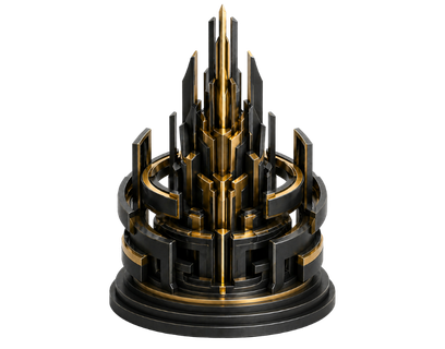 Abstract black and gold 3D spire rising from a circular architectural base with surrounding structural rings, representing sovereign engineering, controlled system architecture and precision-led digital infrastructure.