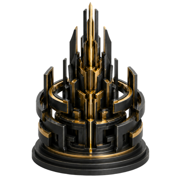 Abstract black and gold 3D spire rising from a circular architectural base with surrounding structural rings, representing sovereign engineering, controlled system architecture and precision-led digital infrastructure.
