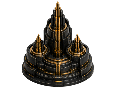 Abstract black and gold 3D structure with three elevated spires rising from a circular tiered base, symbolising sovereign engineering, integrated infrastructure and controlled enterprise architecture.