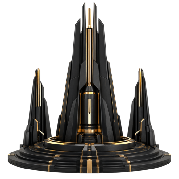 Abstract black and gold 3D tower-like structure with a central vertical core and two smaller side towers on a formal stepped base, representing executive leadership, sovereign engineering and structured governance.