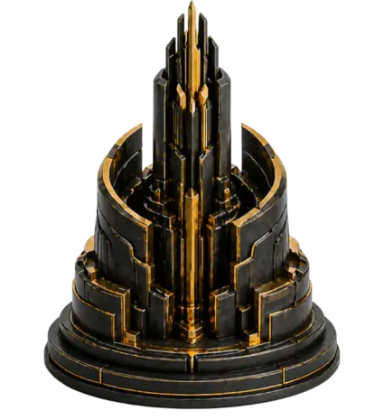 Abstract black and gold 3D architectural structure with a central spire rising from a circular fortified base, symbolising AELION’s sovereign governance, institutional strength and executive authority.