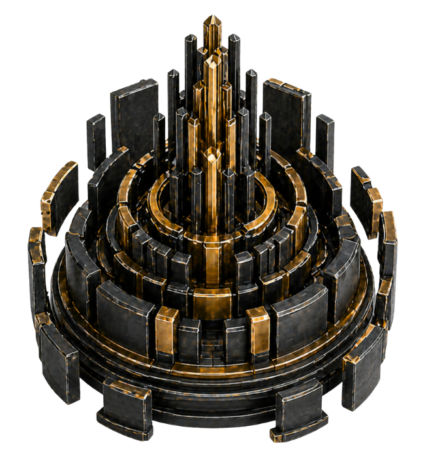 Abstract black and gold 3D geometric structure with layered concentric forms and elevated central towers, representing strategic command, protected infrastructure and disciplined corporate architecture.