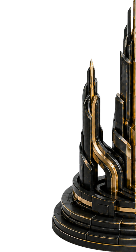 Abstract black and gold 3D composition with one dominant central spire flanked by two smaller towers on a circular base, expressing hierarchy, control and the unified structure of the firm.