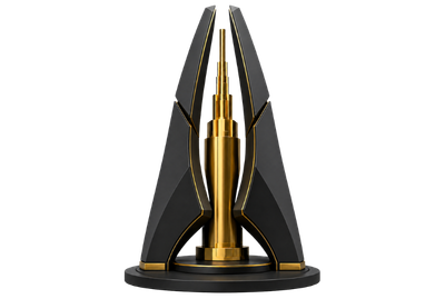 Black and gold abstract beacon representing AI discovery, search prominence and controlled digital visibility.